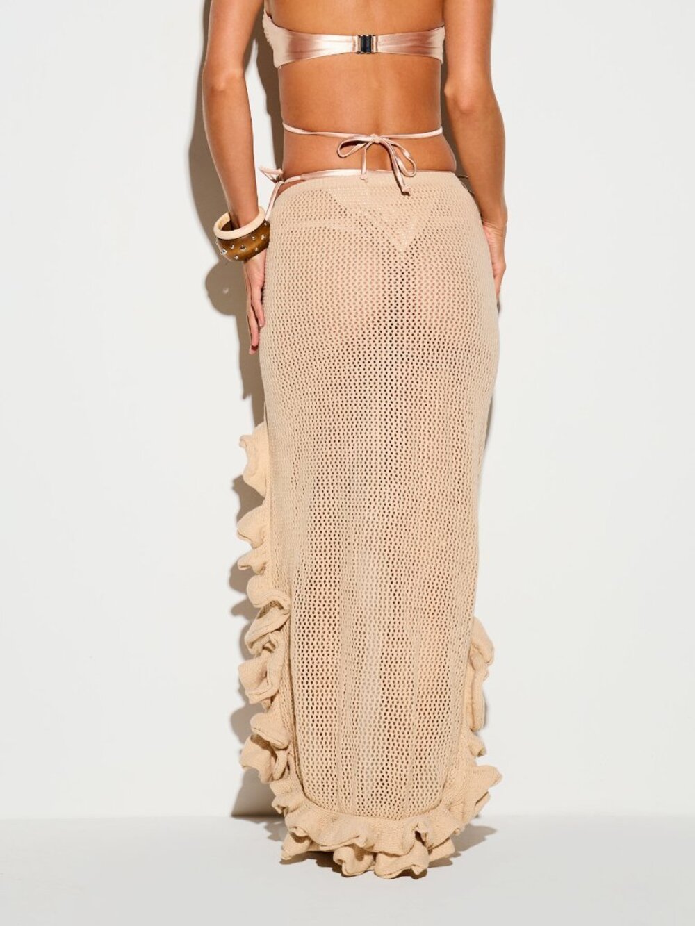 Apricot Mesh Women's Front Split Tie Waist Beach Cover-Up Maxi Skirt - Picture 3 of 6